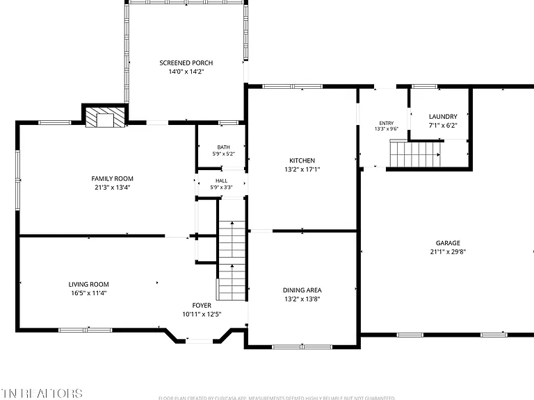 Main level floor plan for 11016 Calloway View Dr showing foyer, family room, living room, dining area, kitchen, screened porch, laundry, and garage